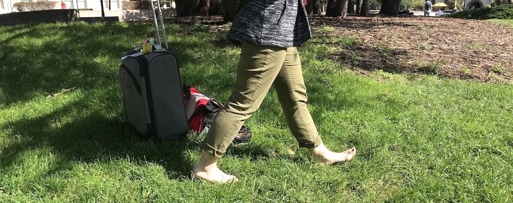 Attempting to cure jet lag by grounding or earthing walking in the grass at UC Berkley, California